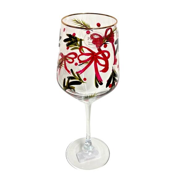 Hand Painted & Jeweled Wine Glass Set of 2  Coquette Christmas Red Bows & Holly - Picture 9 of 10